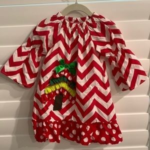 NWT BOUTIQUE Girls Xmas Dress Red, White Chevron Ruffle Tree Appliqué 3T